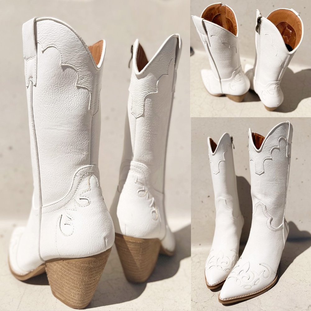 NEW White Western Cowgirl Cutout Applique Pointy Toe Block Heel Mid Calf Boots - Picture 3 of 16